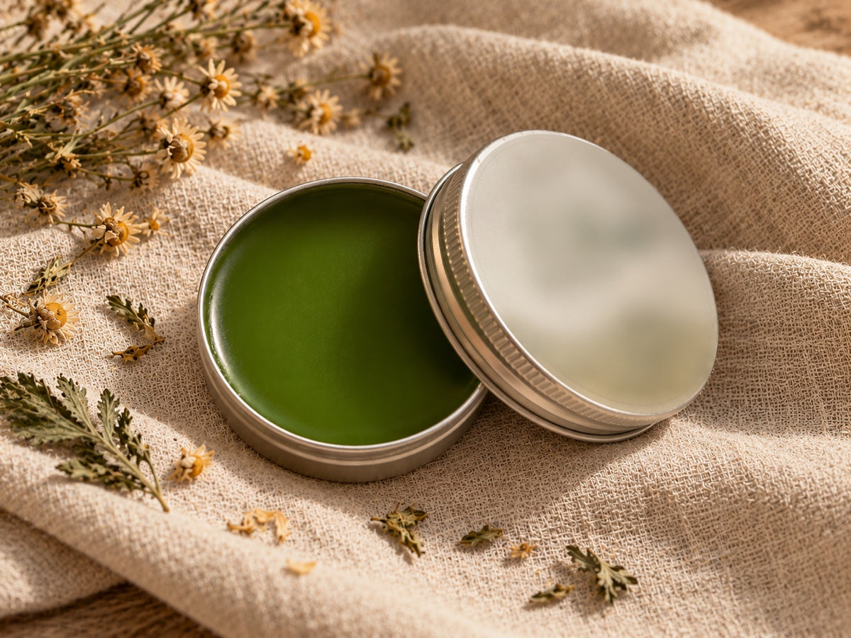 Balm open tin on linen